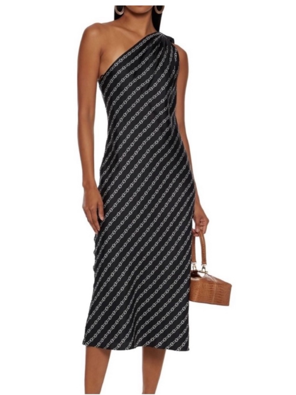 Theory One Shoulder Silk Dress Black White Chain Link Twill midi size 10